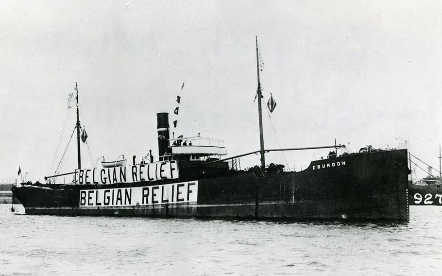 A relief ship carrying supplies to Belgium in 1915 during one of the United States’ first massive foreign aid efforts. 