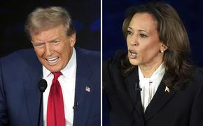 This combination of photos shows Republican presidential nominee former President Donald Trump, left, and Democratic presidential nominee Vice President Kamala Harris during an ABC News presidential debate at the National Constitution Center, Tuesday, Sept. 10, 2024, in Philadelphia.