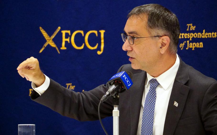 Israeli Ambassador to Japan Gilad Cohen speaks with reporters at the Foreign Correspondents' Club of Japan in Tokyo, Oct. 13, 2023. 