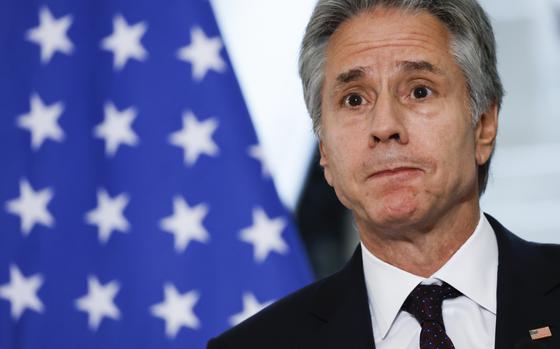 U.S. Secretary of State Antony Blinken attends a joint press conference with Egypt's Foreign Minister Badr Abdelatty in Tahrir Palace in Cairo, Egypt Wednesday, Sept. 18, 2024. (Evelyn Hockstein/Pool Photo via AP)