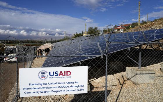 FILE - Solar panels system funded by United States Agency for International Development (USAID) are seen in the Lebanese-Syrian border town of Majdal Anjar, eastern Bekaa valley, Lebanon, Nov. 9, 2022. (AP Photo/Bilal Hussein, File)