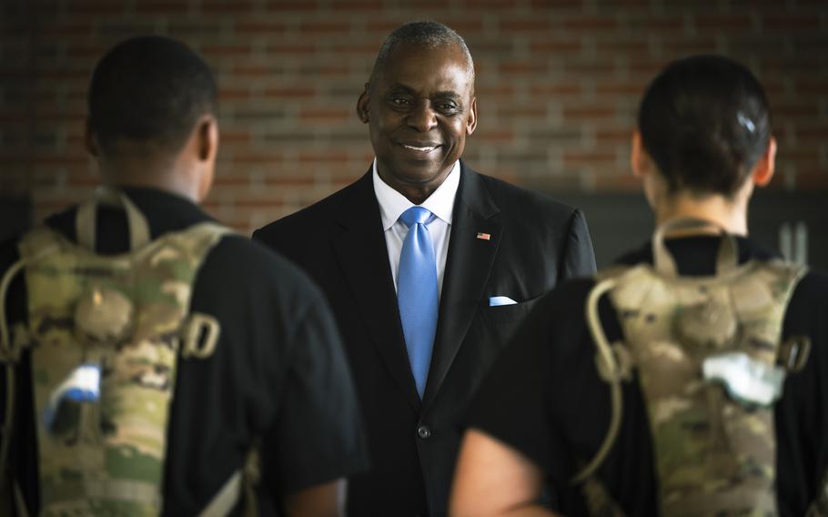 Secretary of Defense Lloyd J. Austin III visits with trainees at the U.S. Army Future Soldier Preparatory Course at Fort Jackson, S.C., on May 10, 2024. 