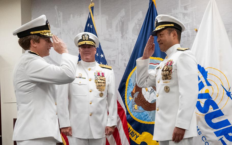 Rear Adm. Kristin Aquavella assumed command of Naval Supply Systems Command Weapon Systems Support (NAVSUP WSS) from Rear Adm. Matt Ott in a ceremony aboard NSA Mechanicsburg, Aug. 2.  Rear Adm. Kenneth W. Epps (right), commander, NAVSUP/Chief of Supply Corps, presided over the ceremony and provided guest speaker remarks. 