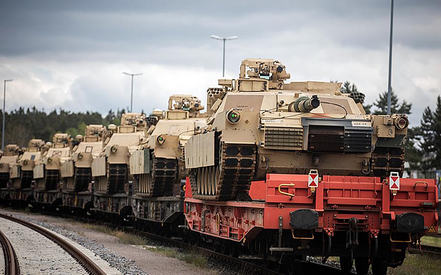 U.S. M1A1 Abrams tanks arrive at Grafenwoehr,
Germany, in May 2023 to be used for training of Ukrainian military personnel. The reelection of Donald Trump as president could upend the Pentagon's strategy for assisting Ukraine in its war against Russia.