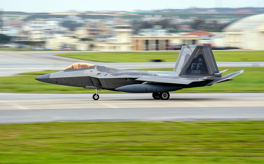 An F-22A Raptor assigned to the 27th Fighter Squadron lands at Kadena Air Base, Okinawa, April 20, 2024. 