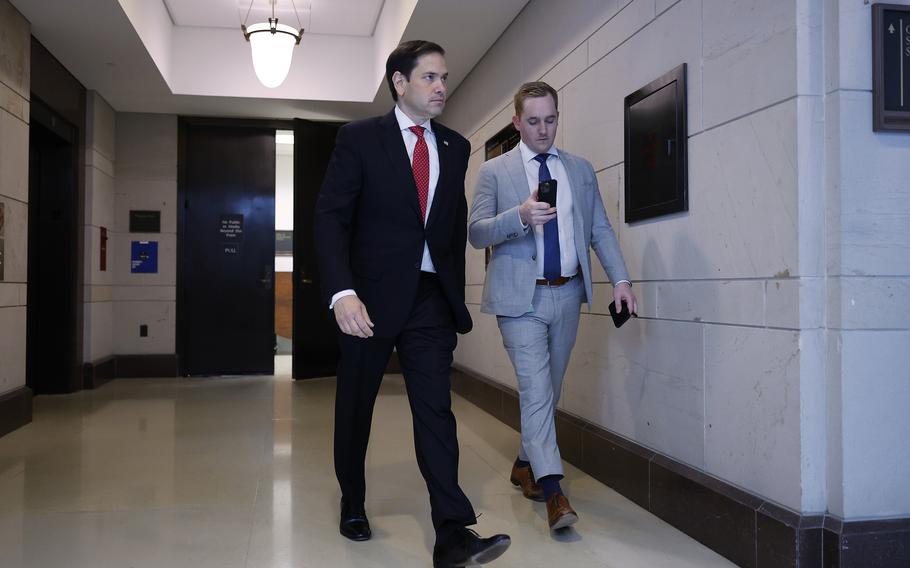 Senate Intelligence Committee Vice-Chairman Marco Rubio (R-FL), left, departs a closed-door briefing by intelligence officials about the Discord leaks at the U.S. Capitol Visitors Center on Wednesday, April 19, 2023, in Washington, D.C. 