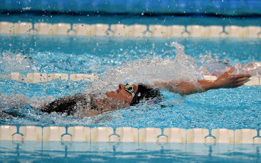 Elizabeth Marks on her way to taking silver in the women's 100-meter backstroke event at the 2024 Paris Paralympics, Sept. 7, 2024. The U.S. Army sergeant first class won five silver medals at the Games.