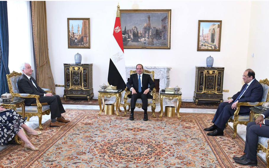 Egyptian President Abdel Fattah El-Sisi, center, meets with CIA Director William Burns, second from left, in Cairo on April 7, 2024.