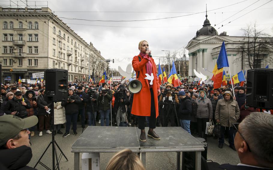 Marina Tauber the vice-president of Moldova’s Russia-friendly Shor Party speaks during a protest initiated by the Movement for the People and members of Moldova’s Russia-friendly Shor Party, against the pro-Western government and low living standards, in Chisinau, Moldova, Tuesday, Feb. 28, 2023. Thousands of protesters returned to Moldova’s capital Tuesday to demand that the country’s new pro-Western government fully subsidize citizens’ winter energy bills amid skyrocketing inflation.