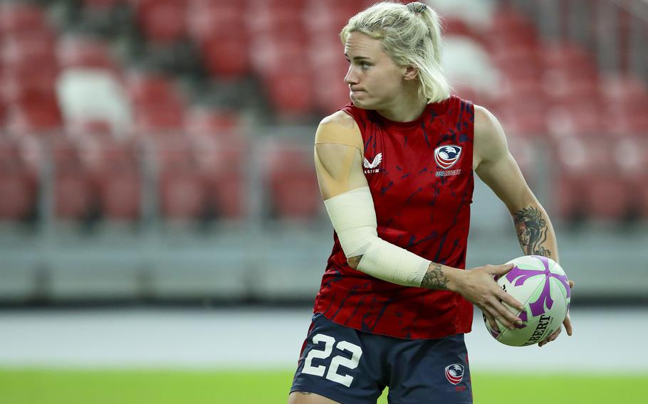Army officer Sammy Sullivan in action during a rugby sevens series in Singapore, on May 4, 2024. After being commissioned as an engineer officer in the Army after West Point, Sullivans was selected for a national rugby squad. That led her into the World Class Athlete program, which allows soldiers to compete in the Olympics as their active-duty military job.