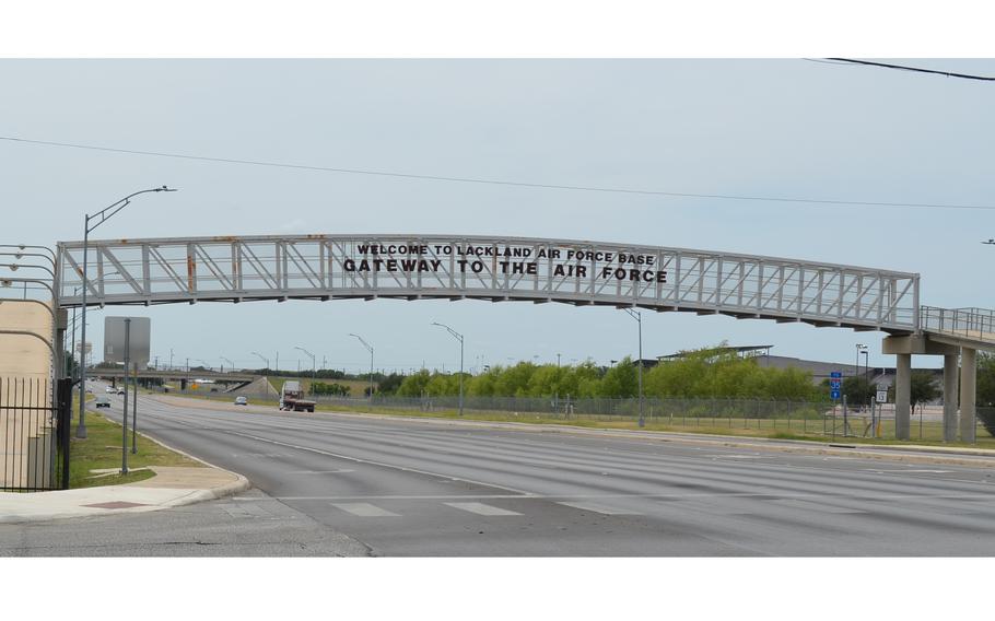 A gate sign outside Joint Base San Antonio-Lackland Air Force Base in Texas