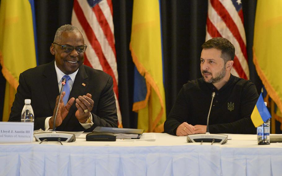 U.S. Defense Secretary Lloyd Austin and Ukrainian President Volodymyr Zelenskyy attend a Ukraine Defense Contact Group meeting at Ramstein Air Base, Germany, on Sept. 6, 2024.