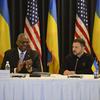 U.S. Defense Secretary Lloyd Austin and Ukrainian President Volodymyr Zelenskyy attend a Ukraine Defense Contact Group meeting at Ramstein Air Base, Germany, on Sept. 6, 2024.