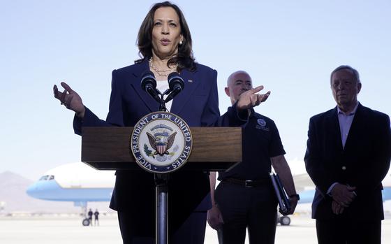 Vice President Kamala Harris talks to the media, Friday, June 25, 2021, after her tour of the U.S. Customs and Border Protection Central Processing Center in El Paso, Texas. Harris visited the U.S. southern border as part of her role leading the Biden administration's response to a steep increase in migration. (AP Photo/Jacquelyn Martin)