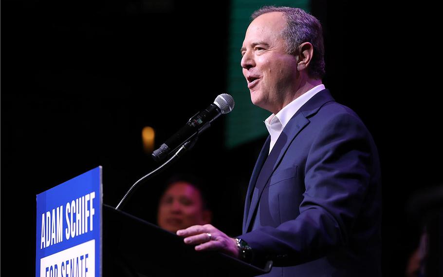 Adam Schiff speaks to supporters during an election party in Los Angeles in March 2024.