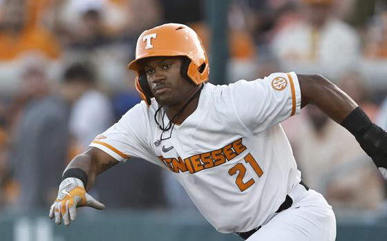 Tennessee outfielder Kavares Tears (21) breaks for second base during an NCAA regional baseball game against Northern Kentucky on Friday, May 31, 2024, in Knoxville,Tenn. (AP Photo/Wade Payne)