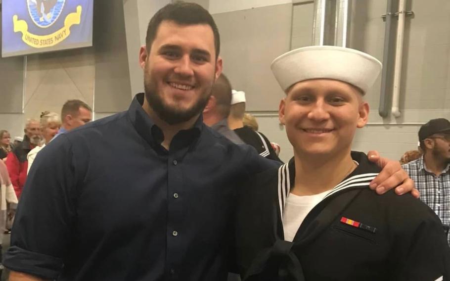 The funeral for U.S. Navy Petty Officer 2nd Class Jason Araiza, right, is scheduled for Monday, Dec. 18, 2023, at Holy Family Church in Duxbury, Mass., with flags across the state ordered to be flown at half-staff in honor of him.