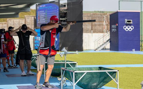 Staff Sgt. Will Hinton, Olympian and an instructor/shooter assigned to the U.S. Army Marksmanship Unit, shoots clay targets during the Men's Trap Qualification round at the Chateauroux Shooting Centre, in Chateauroux, France July 30, 2024.