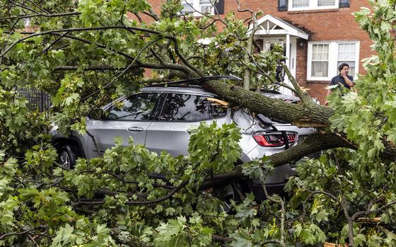 A vehicle is covered by a tree in Harrisburg, Pa., after extreme weather from Tropical storm Debby, Friday, Aug. 9, 2024. (Sean Simmers/The Patriot-News via AP)