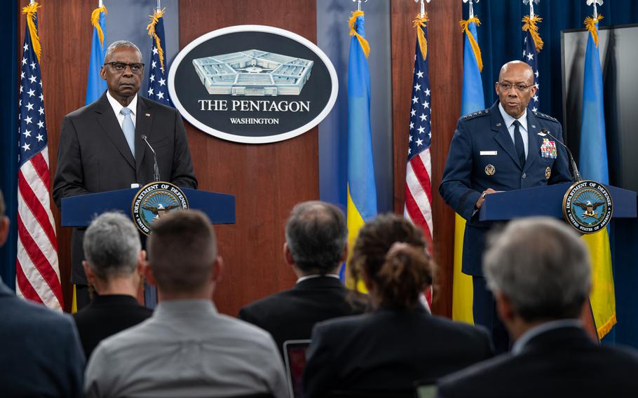 Defense Secretary Lloyd Austin, left, and Air Force Gen. Charles “CQ” Brown, chairman of the Joint Chiefs Of Staff, take part in a news briefing at the Pentagon on Monday, May 20, 2024. 