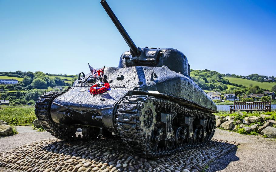 WW2 M4A1 Sherman Tank memorial to the men lost in the 1944 Operation Tiger disaster at Slapton Sands, Devon, UK
