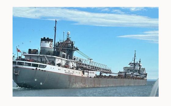 The 689-foot bulk carrier Michipicoten safely anchored in Thunder Bay, Ontario, after encountering trouble in Lake Superior on Saturday, June 8, 2024. (Courtesy U.S. Coast Guard/TNS)