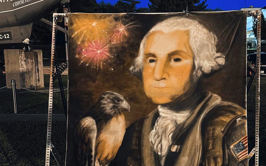 A large painting on canvas of George Washington next to an eagle.