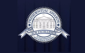 Logo for the Presidential Awards for Excellence in Mathematics and Science. Silver and Navy blue colorscheme. 