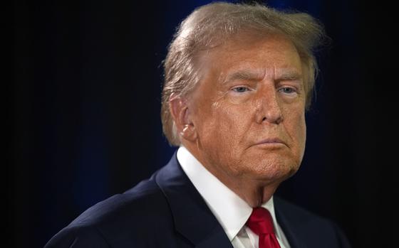 Donald Trump speaks to reporters in the spin room after a presidential debate against Kamala Harris on Sept. 10, 2024, in Philadelphia.