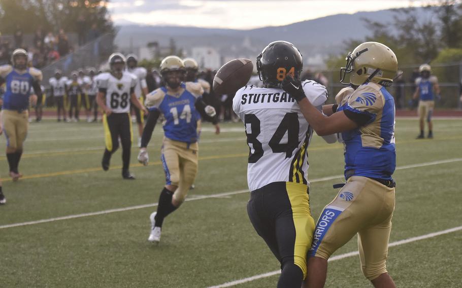 Wiesbaden senior Jhon Colorado breaks up a pass intended for Stuttgart reciever Caleb Fox during a game in Wiesbaden, Germany on Sept. 13, 2024. Stuttgart won the game 14-12.