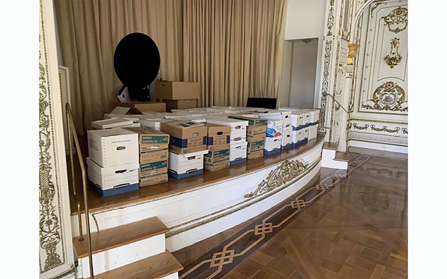 Stacks of boxes can be observed in the White and Gold Ballroom of former President Donald Trump’s Mar-a-Lago estate in Palm Beach, Florida. 