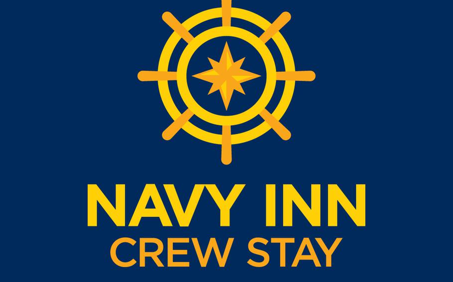 A yellow Navy Inn Crew Stay logo has a navy blue background.