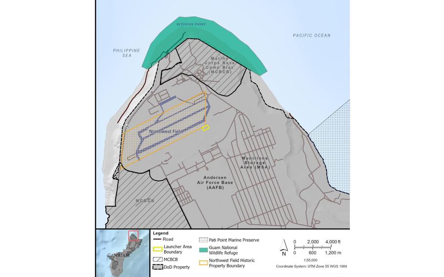 A map of the northern tip of Guam published by the Missile Defense Agency outlines in yellow the portion of Andersen Air Force Base to be used to launch missile defense interceptors.