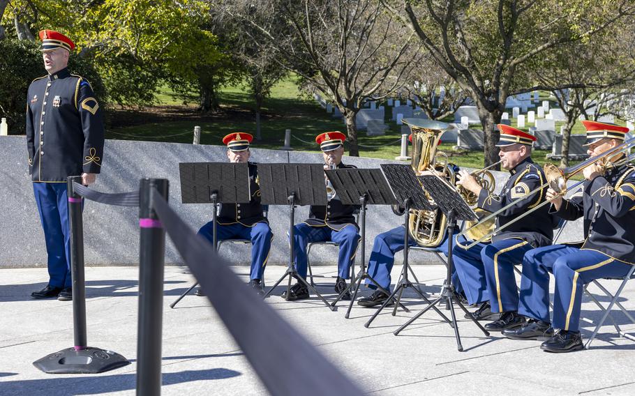 The U.S. Army Band performs ‘The Ballad of the Green Berets’ to honor President John F. Kennedy on Oct. 17, 2024, at Arlington National Cemetery in Arlington, Va.