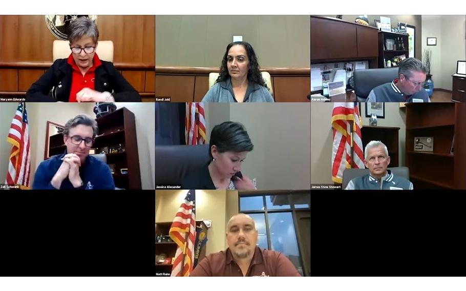 A video screen grab shows members of the Temecula, Calif., city council meeting in a videoconference call in April 2021.