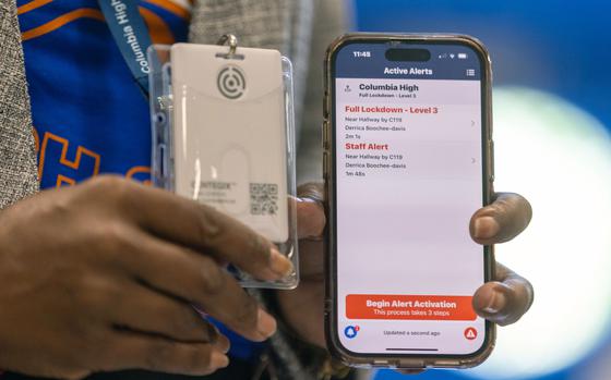 The Centegix Crisis Alert System is used during a demonstration at Columbia High School in Decatur on Thursday, Aug.3, 2023. (Arvin Temkar/The Atlanta Journal-Constitution/TNS)