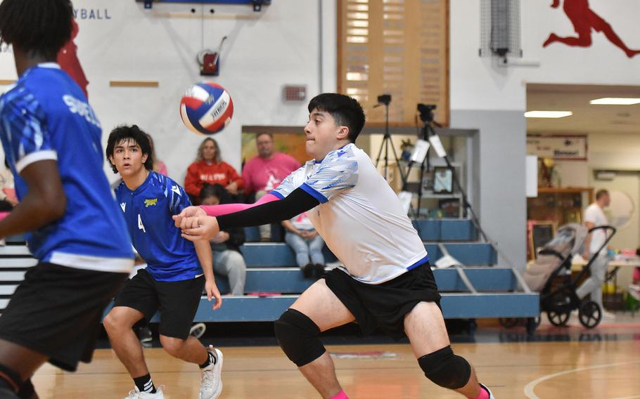 Sigonella libero Jonathan Faulk bumps the ball against the Aviano Saints on Saturday, Oct. 5, 2024, at Aviano Air Base, Italy.