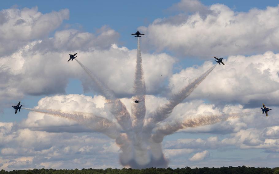 The Navy Blue Angels perform an aerial demonstration during the MCAS Cherry Point Air Show, Saturday, May 11, 2024, at MCAS Cherry Point, N.C. 
