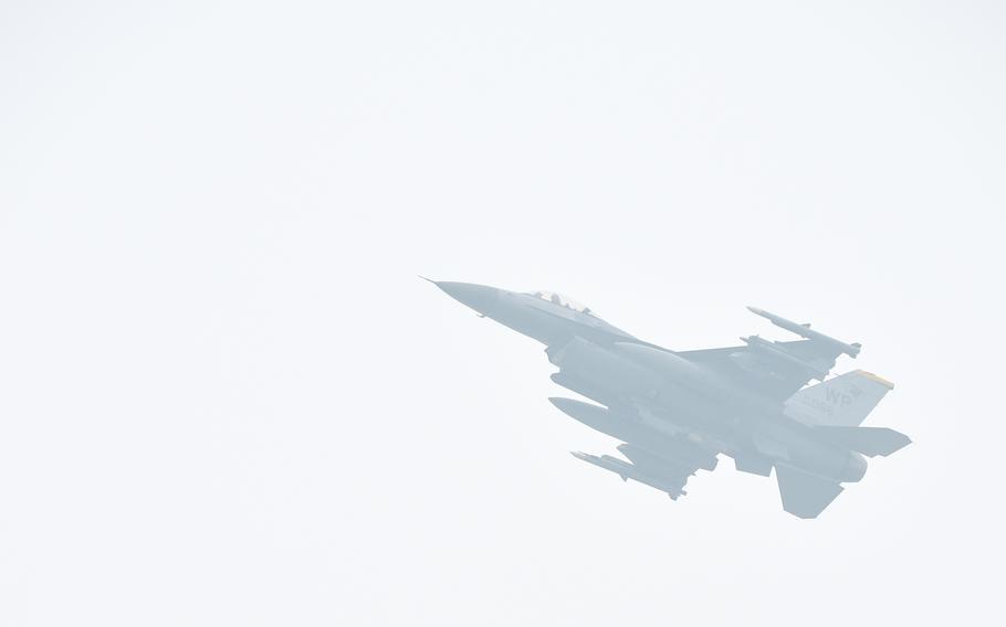 An F-16 Fighting Falcon flies over Kunsan Air Base, South Korea, Feb. 1, 2021.