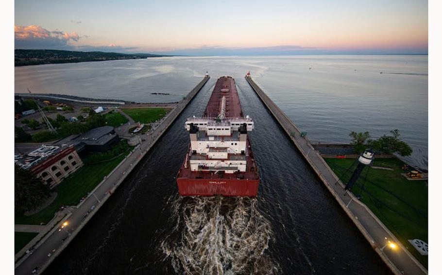 The diesel powered freighter ship Edwin H. Gott is seen leaving Duluth, Minn., in 2020.