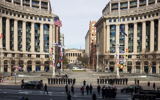 U.S. Naval Academy Midshipmen participate in a procession rehearsal for former President Jimmy Carter’s State Funeral.