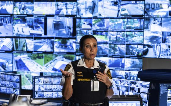 Security Inspector Malinda Mccormack speaks to the media during a tour of the UN Security Operations Center inside the United Nations Headquarters, Friday Sept. 20, 2024. (AP Photo/Stefan Jeremiah)