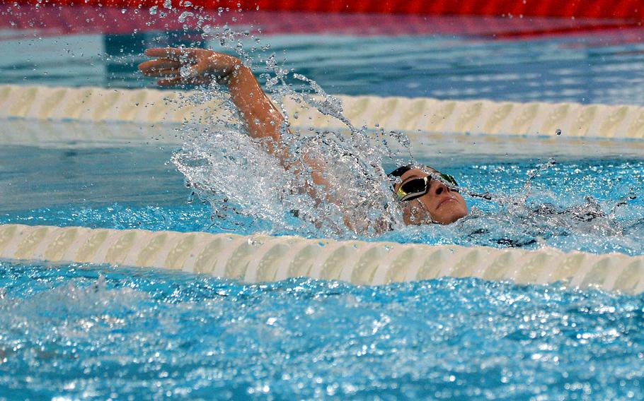 Elizabeth Marks swims the first half of the women's 100-meter backstroke event at the 2024 Paris Paralympics, Sept. 7, 2024. Marks, a U.S. Army sergeant first class, won the silver medal, her fifth of the Games.