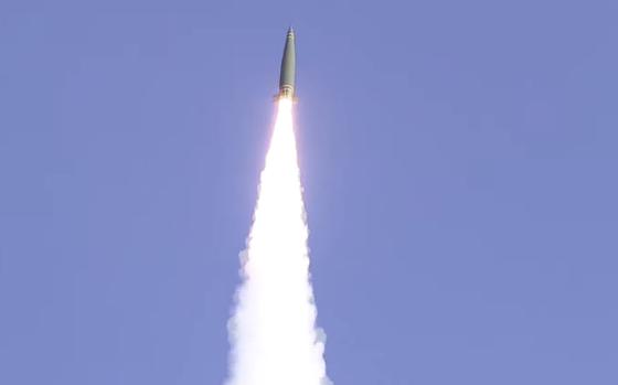 South Korea launches a Hyunmoo-2 missile from an undisclosed location on its eastern coast, July 5, 2017.