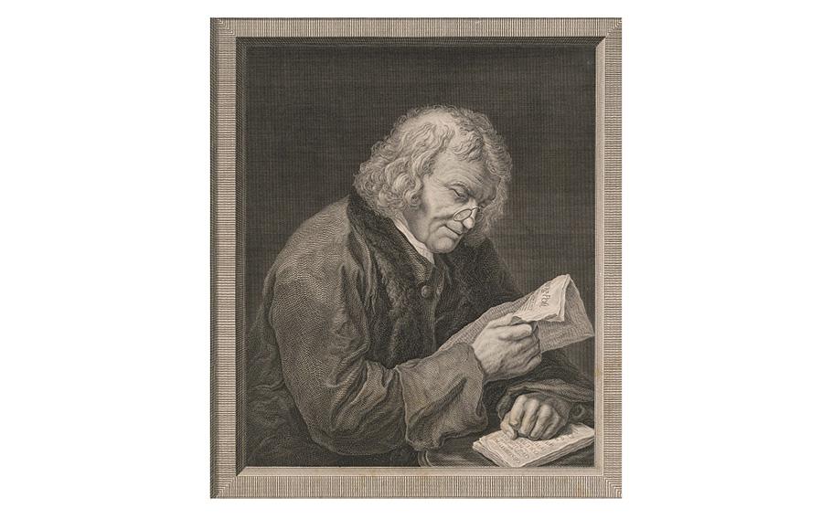 An engraved portrait by Stephen Elmer and Thomas Ryder shows Benjamin Franklin reading.