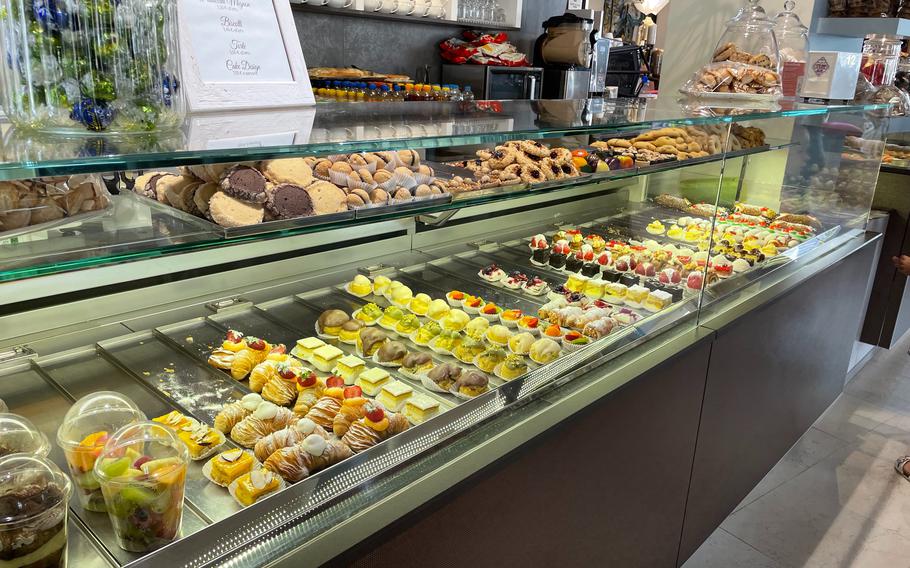 A display case at Le Strane Delizie cafe in Spilimbergo, Italy, is well-stocked with pastries Aug. 17, 2024. The name of the restaurant translates to The Strange Delights.