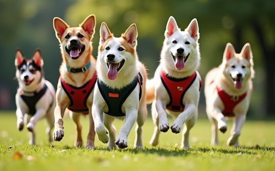 Five dogs run toward the camera.