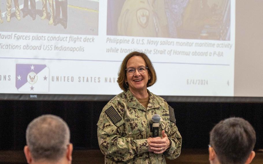 Chief of Naval Operations Adm. Lisa Franchetti addresses international attendees of the Combined Force Maritime Component Commander officer course during her visit to U.S. Naval Forces Central Command in Manama, Bahrain, June 4, 2024. 