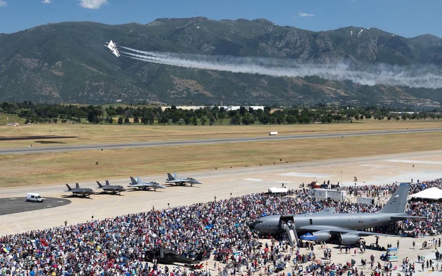Crowds gather to watch the U.S. Air Force Air Demonstration Squadron, the “Thunderbirds,” perform as part of the Warriors over the Wasatch air show at Hill Air Force Base, Utah, June 29, 2024.