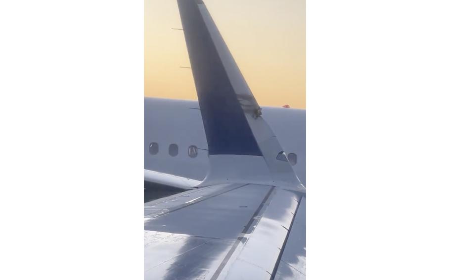 This image shows a damaged plane’s wingtip after two JetBlue planes made contact in a minor collision at Boston Logan International Airport on Thursday, Feb. 8, 2024, in Boston. 
